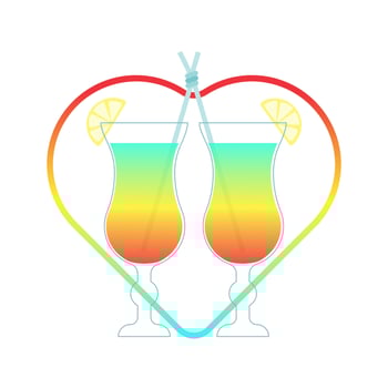 Cocktail, drink two glasses, heart, icon, lovers, LGBT, exotic, summer refreshing cocktail with lemon, love on the beach, summer, isolated, on a white background. Vector
