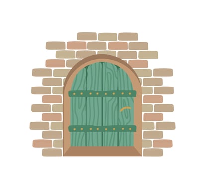 Old turquoise-colored wooden door and a brick wall. Vector fabulous vintage illustration for design or decor.