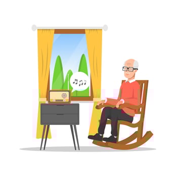 Old man sitting in a rocking chair listening to the radio vector