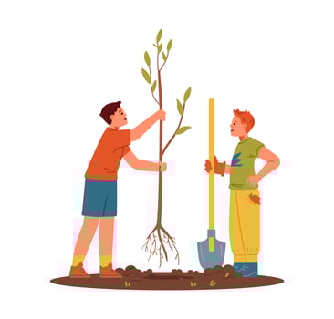 Two boys planting tree flat vector illustration isolated on white.