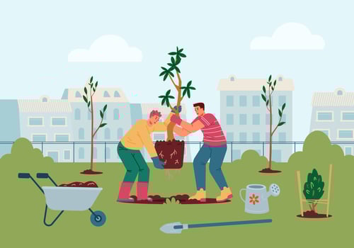 Two men carrying big tree for planting flat vector illustration. Adults planting trees in the city park.