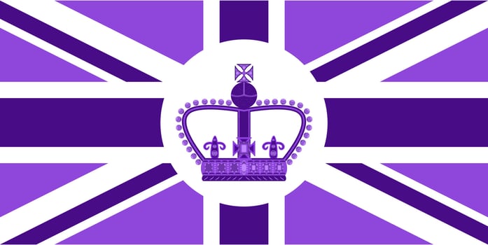 British flag in purple with emblem for 70 anniversary Queen on throne in UK. Poster with platinum jubilee symbol. Purple banner template or card vector