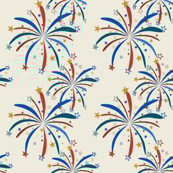Seamless pattern. Colorful fireworks, blue, red and white. Fat vector repeating texture image.