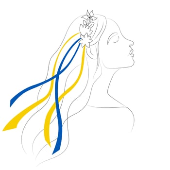 Ukraine woman line art. Ukrainian woman with a circlet of flowers on her head and blue and yellow ribbons in her hair. Vector illustration in linear style.