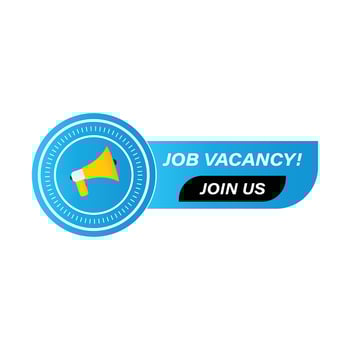 Job vacancy vector with blue color shade, hiring concept with mike speaker, join us inside the black shape, job vacancy hiring concept font design.Job vacancy vector with blue color