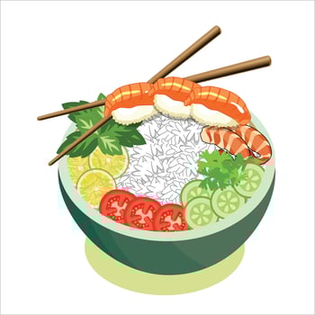 Stir fry salad with sushi and shrimps in a black bowl with the slate background. Top view copy space. Shrimp and vegetables served with salad. vector