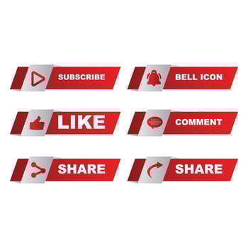 Subscribe button collection with multiple shapes. Red and white metallic color button collection with like, comment, and share icon. Metallic red and white color social media button collection. vector