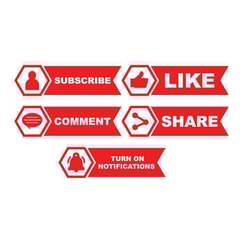 Subscriber button collection with multiple ribbon shapes. Red color button collection with like, comment and share icon. Simple red color social media button collection. vector