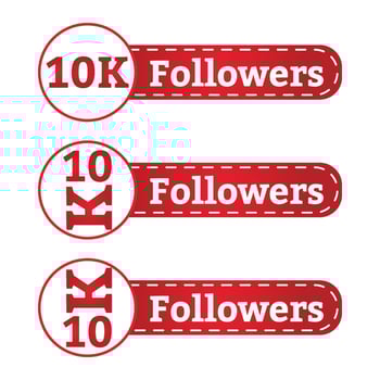 10K followers badge collection. Social media follower button with red and white color shade. Thanksgiving vector design for social media 10K followers celebration.