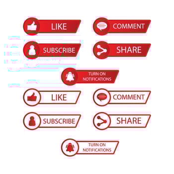 Subscribe button collection vector design. Red and white color subscribe button collection. Social media button elements with like, share, bell icon and comment sections.