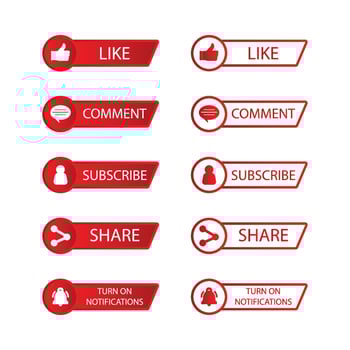 Subscribe button collection vector design. Red and white color subscribe button collection. Social media button elements with like, share, bell icon, and comment sections.