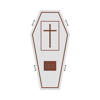 Halloween white burial coffin design on a white background. Coffin with isolated shape design. Halloween white coffin party element vector illustration. Coffin vector with a Christian cross symbol.