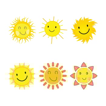 Sun sticker with a round shape and yellow color. Cute sun with smiling face and cool sunglasses. Sunray coming out from sun vector design. 6 Sun vector social media sticker collection.