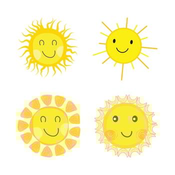 Beautiful Sun sticker with a round shape and yellow, orange color. Cute sun with smiling face. Orange sunray coming out from sun vector design. Sun vector social media sticker collection.