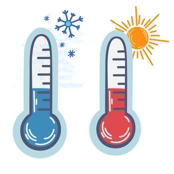 Thermometer. Two thermometers warm and cold. Weather forecast. Meteorological thermometers in Celsius and Fahrenheit measure heat and cold. Vector Hand draw illustration isolated