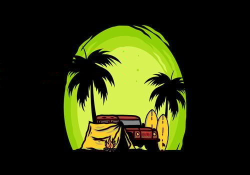 Camping on the beach with off road car vector