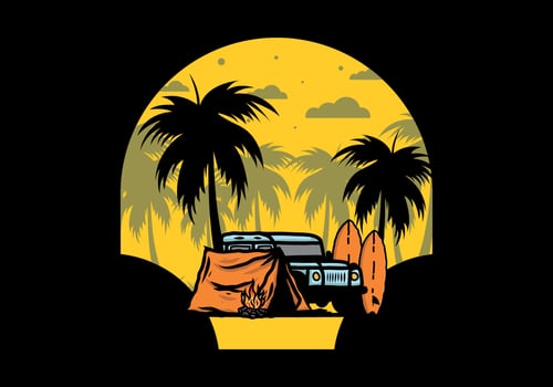Camping on the beach with off road car vector
