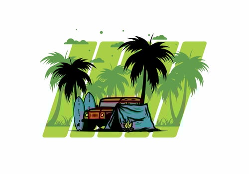 Camping on the beach with off road car vector