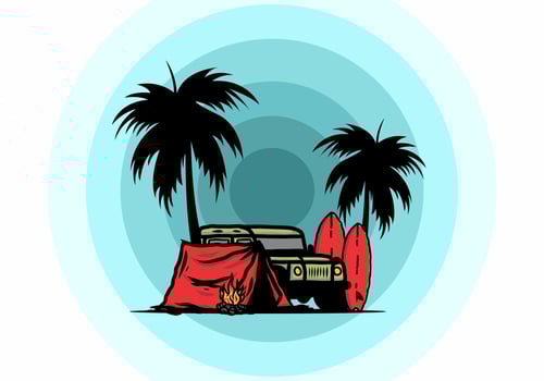 Camping on the beach with off road car vector