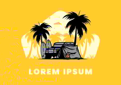 Camping on the beach with off road car vector