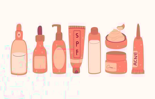 Set of pink natural skincare bottles, jars and tubes with organic cosmetics vector flat illustration. Cream, toner, serum, moisturizer, sun protection product.