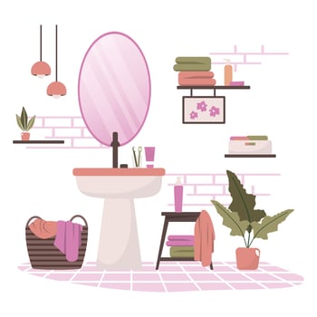 Clean Bathroom Decoration Mirror Sink Cabinet House Interior Flat Design vector