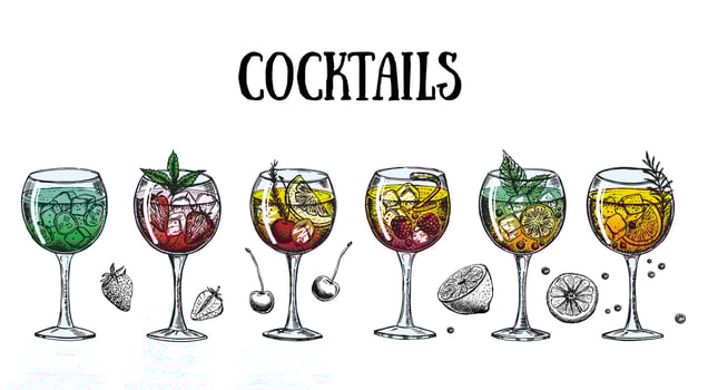 Cocktail menu design template. Alcoholic cocktails hand drawn. vector