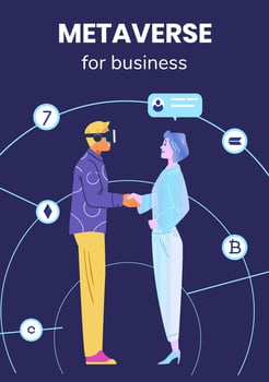 Business partners meeting in metaverse vector poster. Man in VR headset shaking hand with hollogramic woman. Modern technologies in business concept.