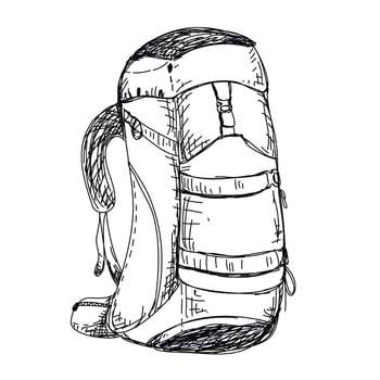 Hand drawn casual fashion backpack. Isolated vector illustration in sketch engraving style.  Hiking backpack, touristic bag