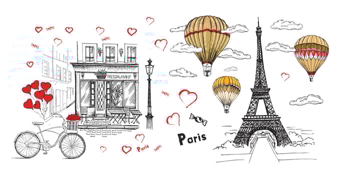 French icons, set of hand drawn style, Paris sketch illustration, vector. vector