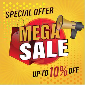 Special offer mega sale banner, up to 10 percentage off. Vector illustration