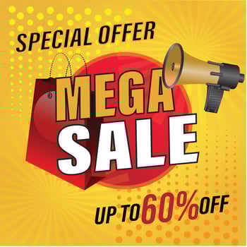 Special offer mega sale banner, up to 60 percentage off. Vector illustration