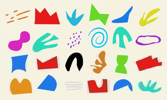 Colorful organic shape doodle collection. Funny basic shapes, random childish doodle cutouts of tropical leaf, hand and decorative abstract art on isolated background. vector