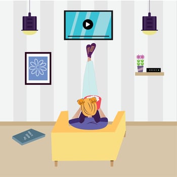 Hygge lifestyle. Girl watching tv - Vector illustration
