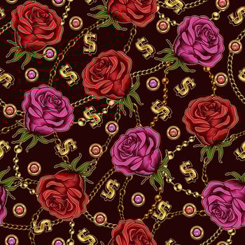 Seamless pattern with red and magenta vintage roses, metal chains, dollar sign, rhinestones on dark background. Vector illustration.