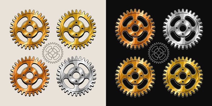 Gold, brass, copper, steel polished gears in vintage style. Base shape of gears with editable strokes. Good for decoration in steampunk style. Vector. vector