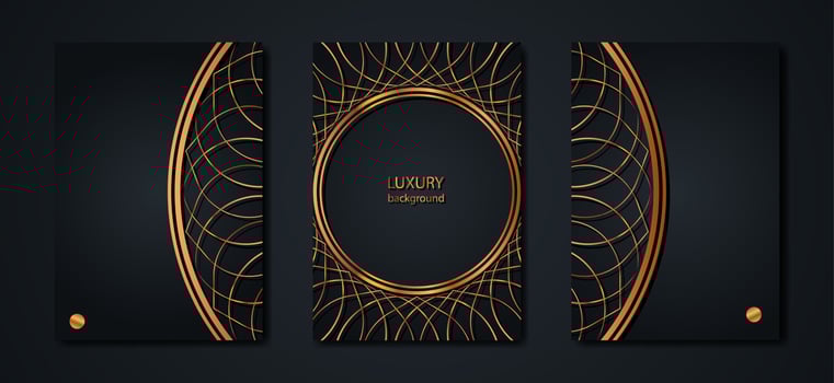 Set Black Card Decorative round gold frame Mandala for design with floral ornament. Circle border template for printing postcards, invitations, books, engraving, wooden furniture, forging. Vector