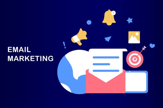 Email marketing template. Digital marketing, e-commerce, social media marketing, business mail, subscribe. Vector illustration concept for website and mobile development. Minimalist flat style.