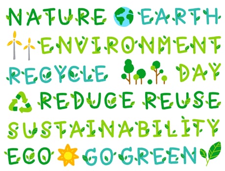 Cute Environmental Go Green Eco Environment Day Leaf Sustainability Recycle Reuse Reduce Word Font Letter Cartoon Hand Drawing Drawn Green Doodle Set Collection isolated vector illustration Icon