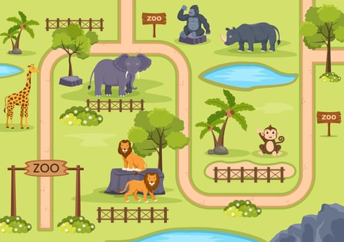 Zoo Map with Cage and Outdoor Park Entrance to Find Out Where the Animals in Cartoon Vector Illustration