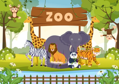 Zoo Cartoon Illustration with Safari Animals Elephant, Giraffe, Lion, Monkey, Panda, Zebra and Visitors on Territory on Forest Background vector