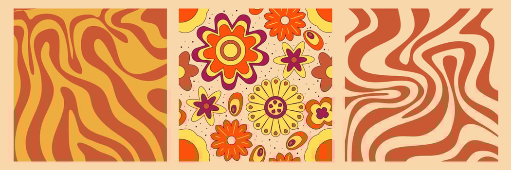 Groovy y2k retro pattern with flower and swirl 70s background. Daisy flower design. Abstract trendy colorful print. Vector illustration graphic. Vintage print. Psychedelic wallpaper
