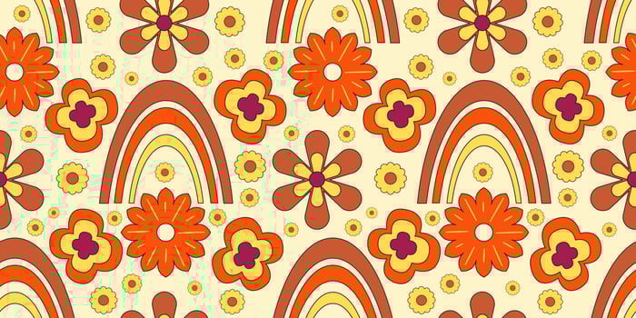 Groovy y2k retro seamless pattern with flower and rainbow. Retro vector illustration. Groovy flower background. Colorful hippie seamless pattern illustration.