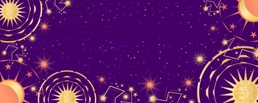 Celestial astrological background with constellations, stars, sun and moon. Mystical astrology, celestial space with golden signs. Vector illustration