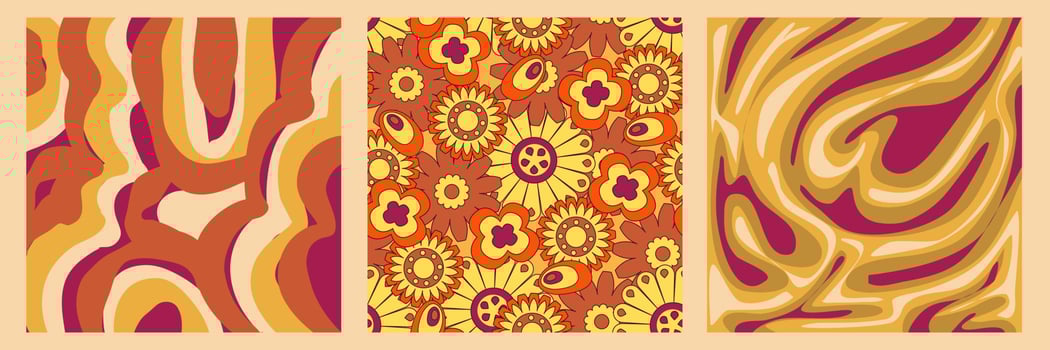 Groovy y2k retro pattern with flower and swirl 70s background. Daisy flower design. Abstract trendy colorful print. Vector illustration graphic. Vintage print. Psychedelic wallpaper