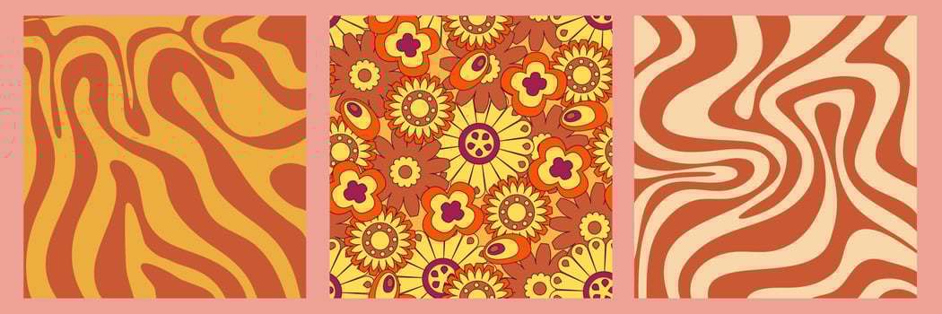 Groovy y2k retro pattern with flower and swirl 70s background. Daisy flower design. Abstract trendy colorful print. Vector illustration graphic. Vintage print. Psychedelic wallpaper