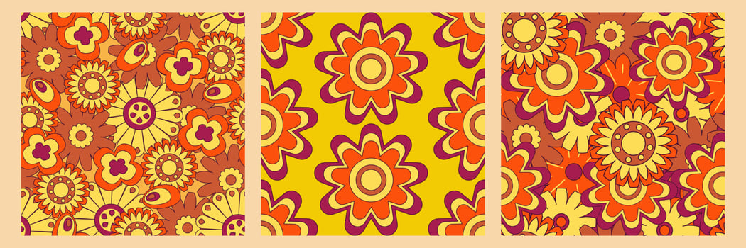 Groovy y2k retro pattern with flower and swirl 70s background. Daisy flower design. Abstract trendy colorful print. Vector illustration graphic. Vintage print. Psychedelic wallpaper