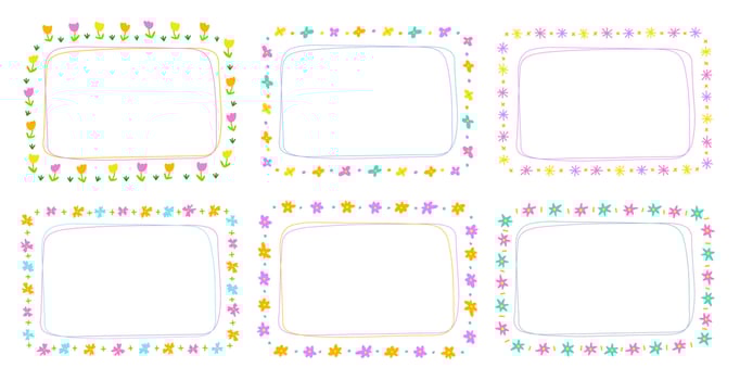 Cute Abstract Daisy Flower Rectangle Doodle Free Hand Drawing Drawn Line Borders Frames Wreath Plate Set Collection Flat Style Rainbow Colorful Background Vector Illustration Pack