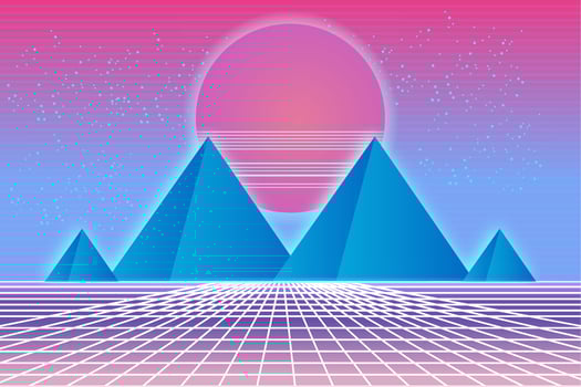 Retro Sci-Fi futuristic background 1980s and 1990s style 3d illustration. Digital landscape in a cyber world. For use as design cover. vector
