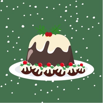 Christmas pudding vector  A traditional holiday season dessert with a creamy top.  With snow background